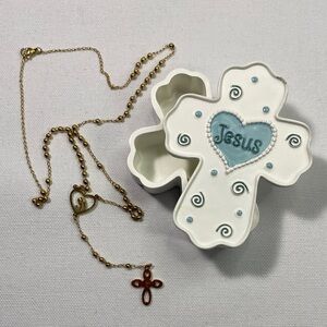 White Cross Trinket Box with Rosary Gold Necklace